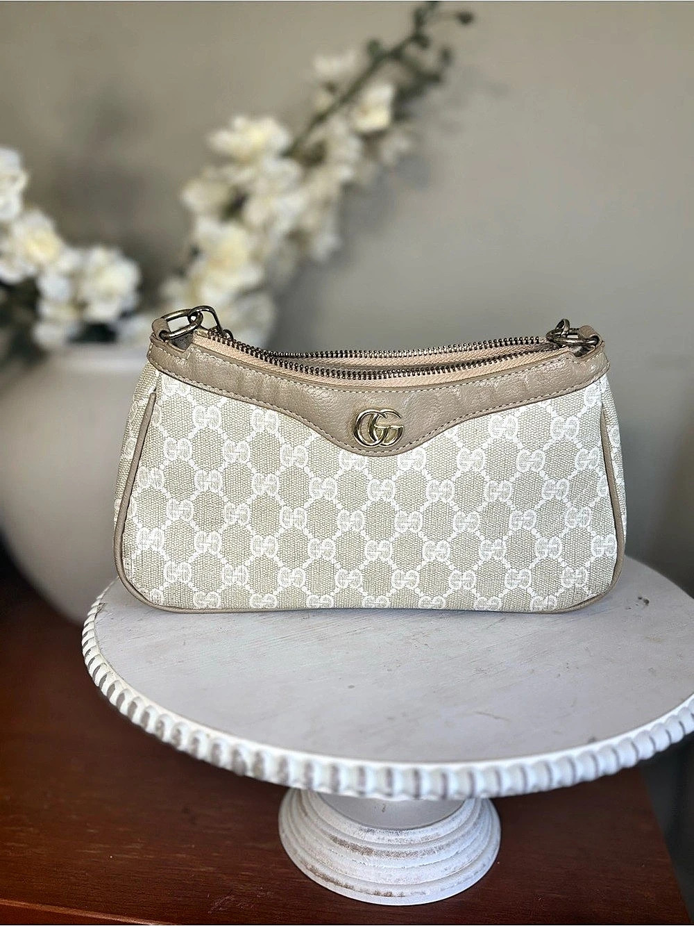 GG Monogram Shoulder Bag in White & Beige